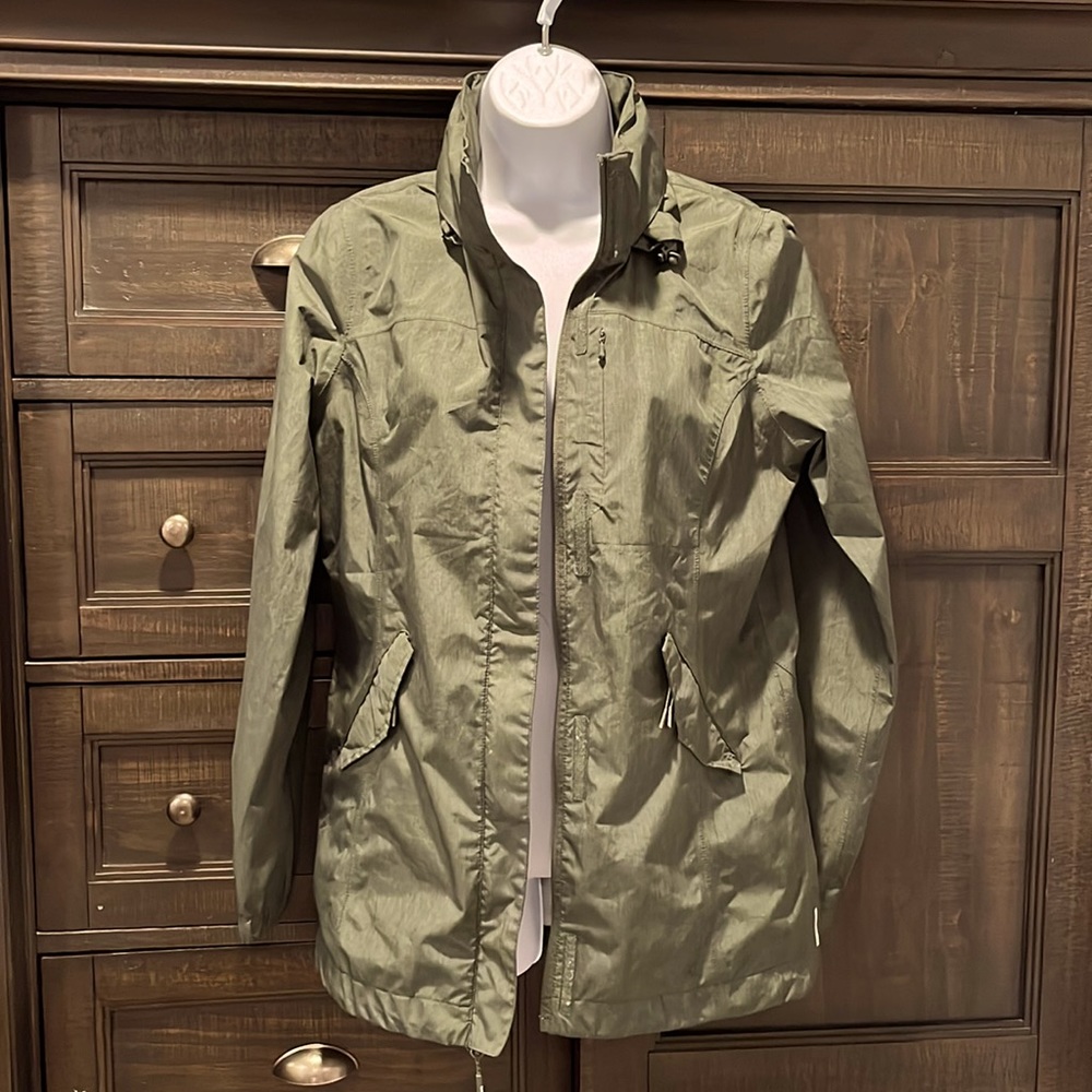 Mondetta women’s forest green windbreaker rain full zip jacket, sz M EUC